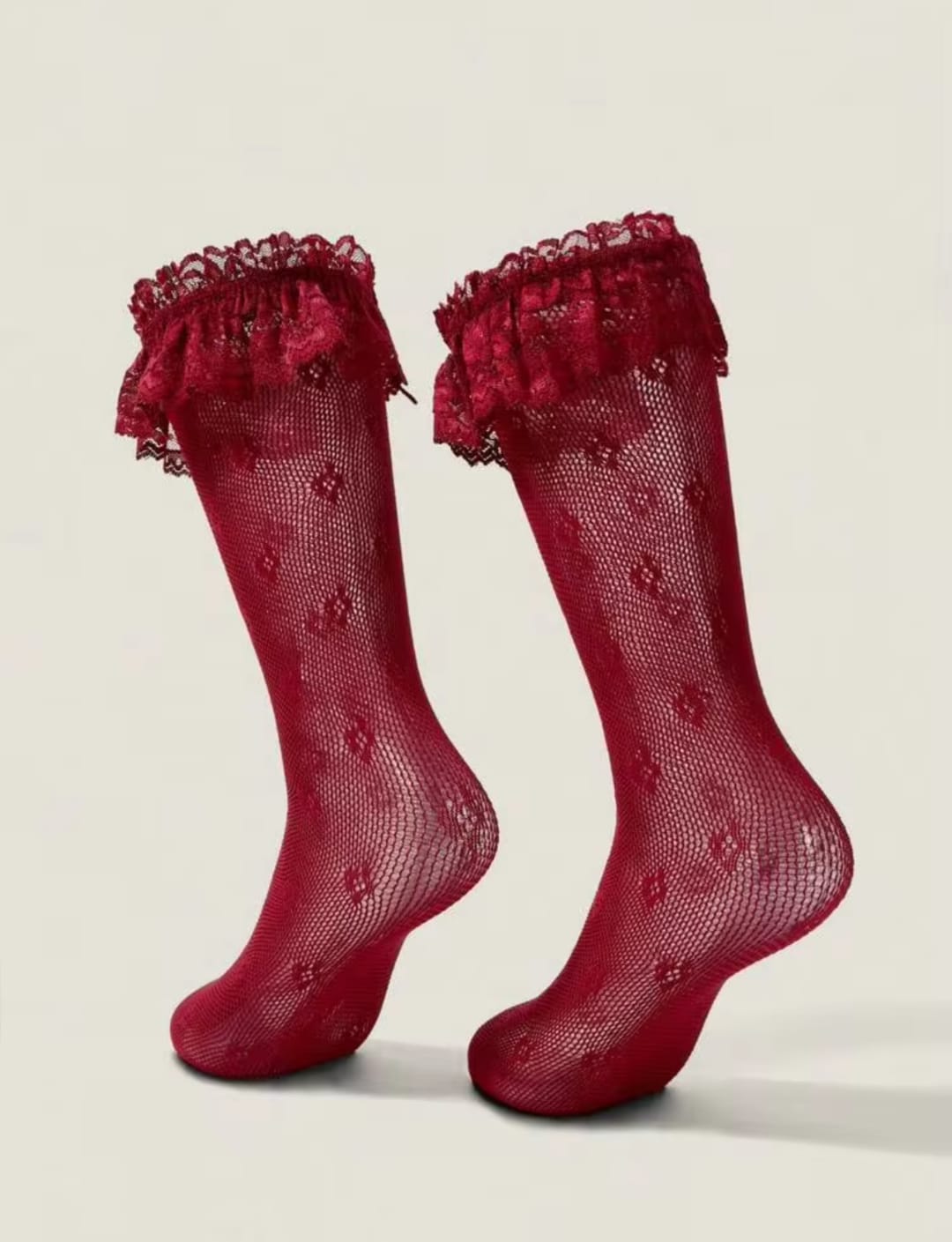 Women’s Red Sheer Lace Mesh Socks with Floral Pattern & Ruffled Cuff